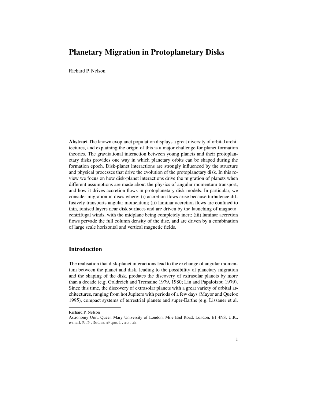 Planetary Migration in Protoplanetary Disks