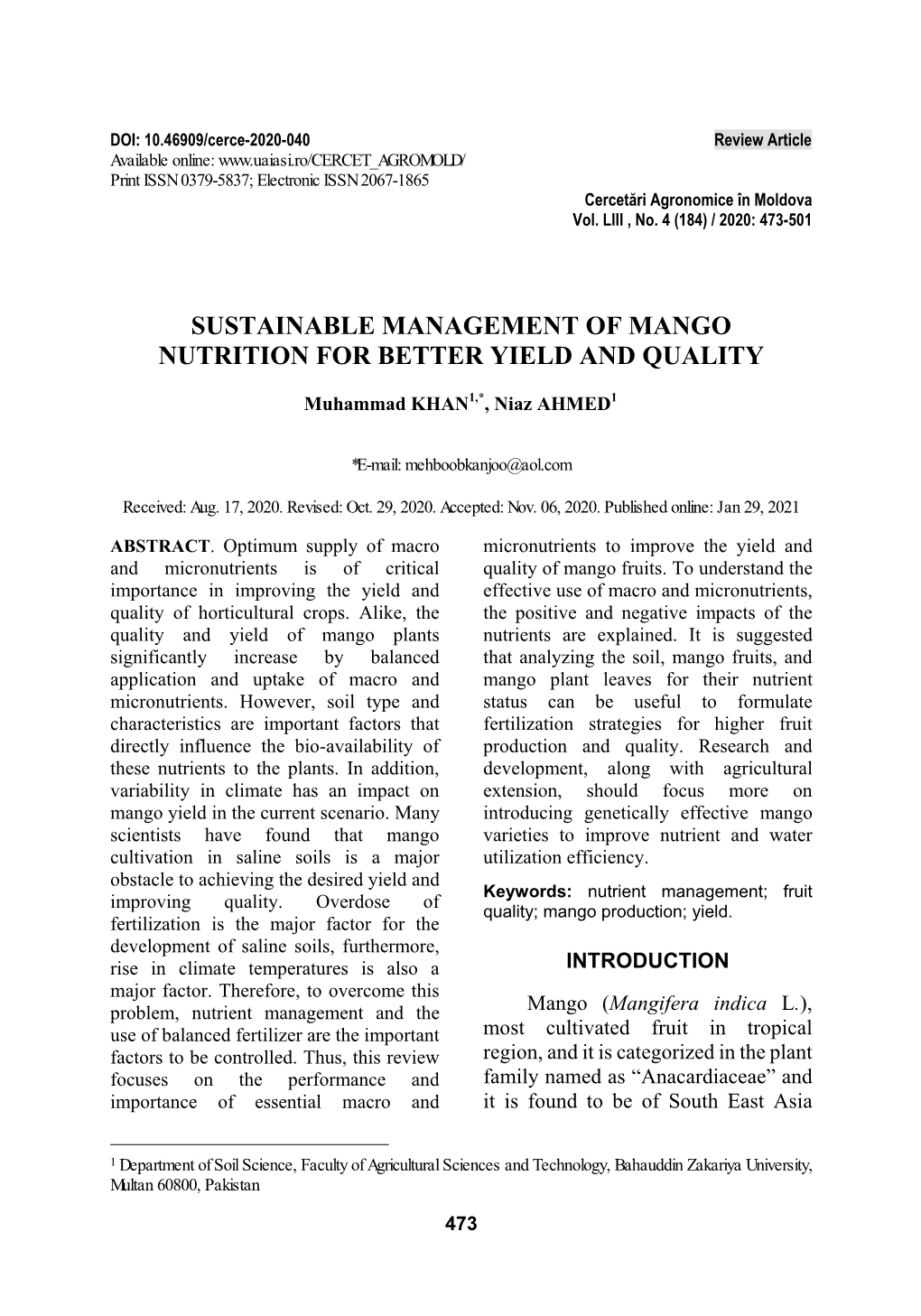 Sustainable Management of Mango (Mangifera Indica