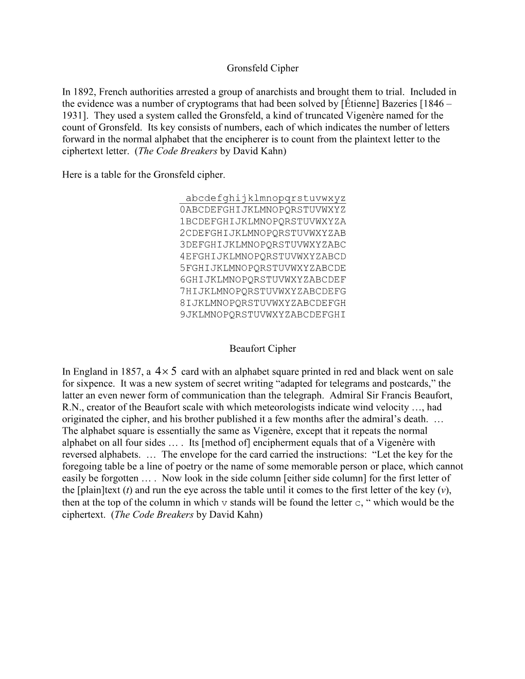 Gronsfeld and Beaufort Ciphers