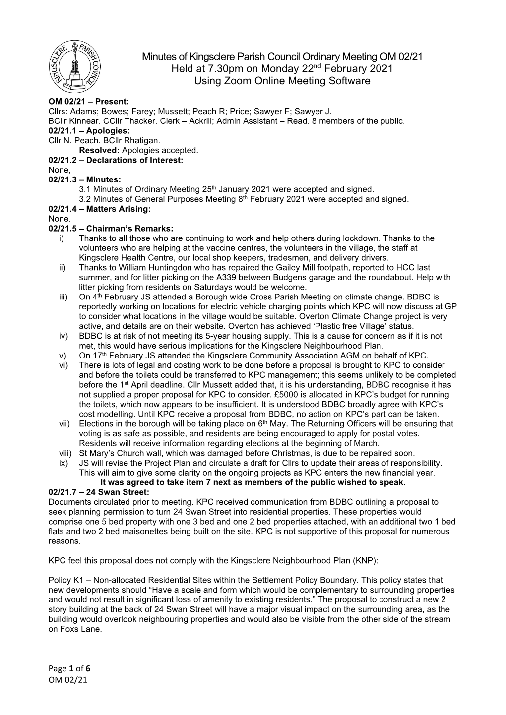 Minutes of Kingsclere Parish Council Ordinary Meeting OM 02/21 Held at 7.30Pm on Monday 22Nd February 2021 Using Zoom Online Meeting Software