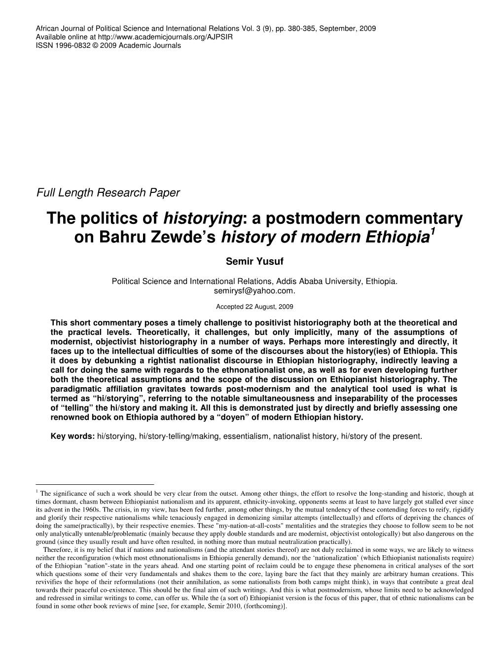 A Postmodern Commentary on Bahru Zewde's History of Modern Ethiopia