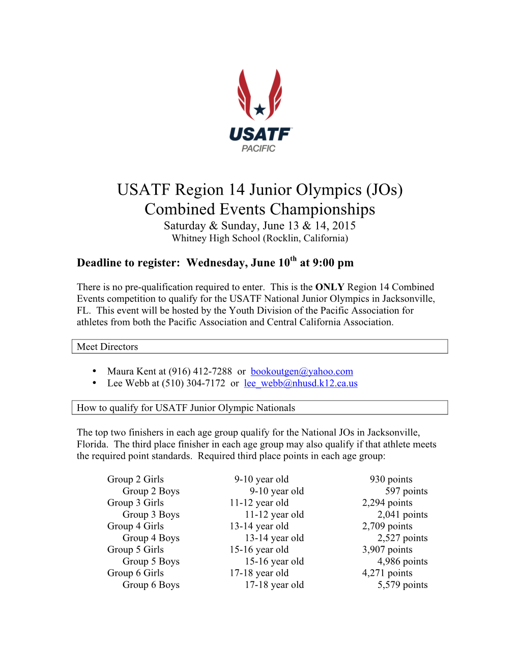 Combined Events Championships Saturday & Sunday, June 13 & 14, 2015 Whitney High School (Rocklin, California)