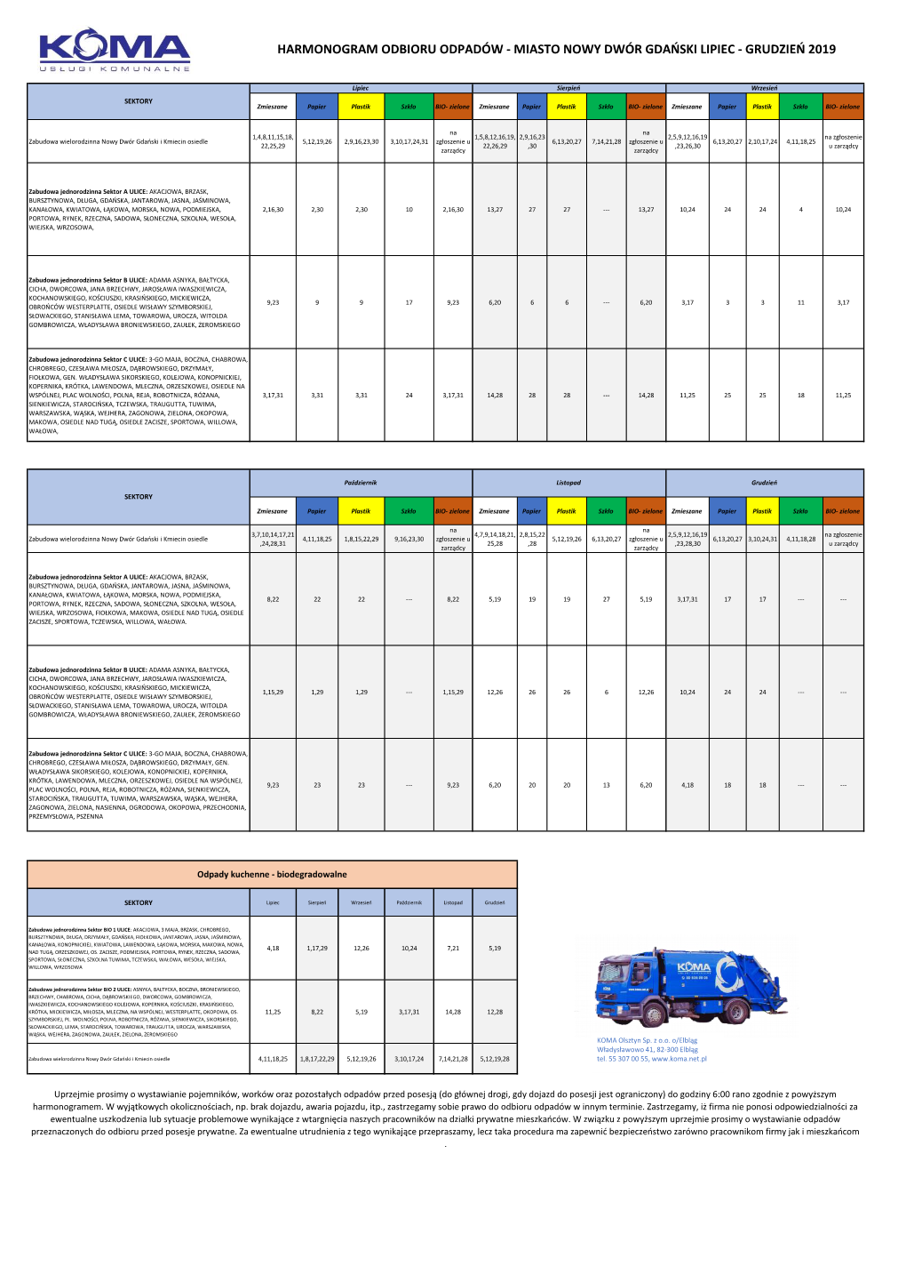 Harmonogram Odbioru Odpadów - Miasto Nowy Dwór Gdański Lipiec - Grudzień 2019
