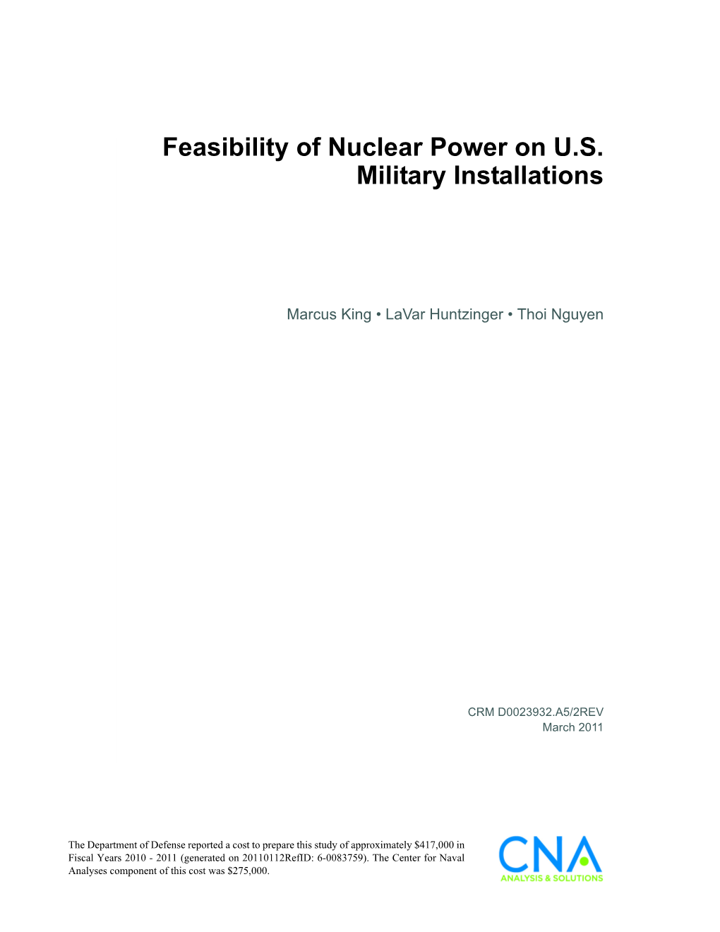 Feasibility of Nuclear Power on U.S. Military Installations