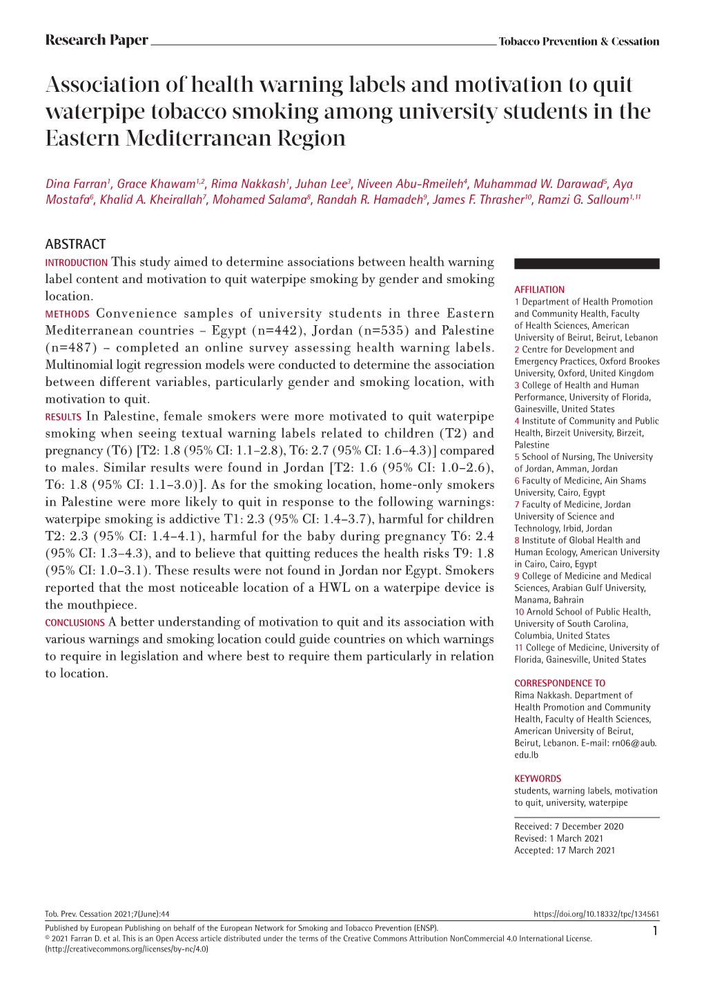 Association of Health Warning Labels and Motivation to Quit Waterpipe Tobacco Smoking Among University Students in the Eastern Mediterranean Region