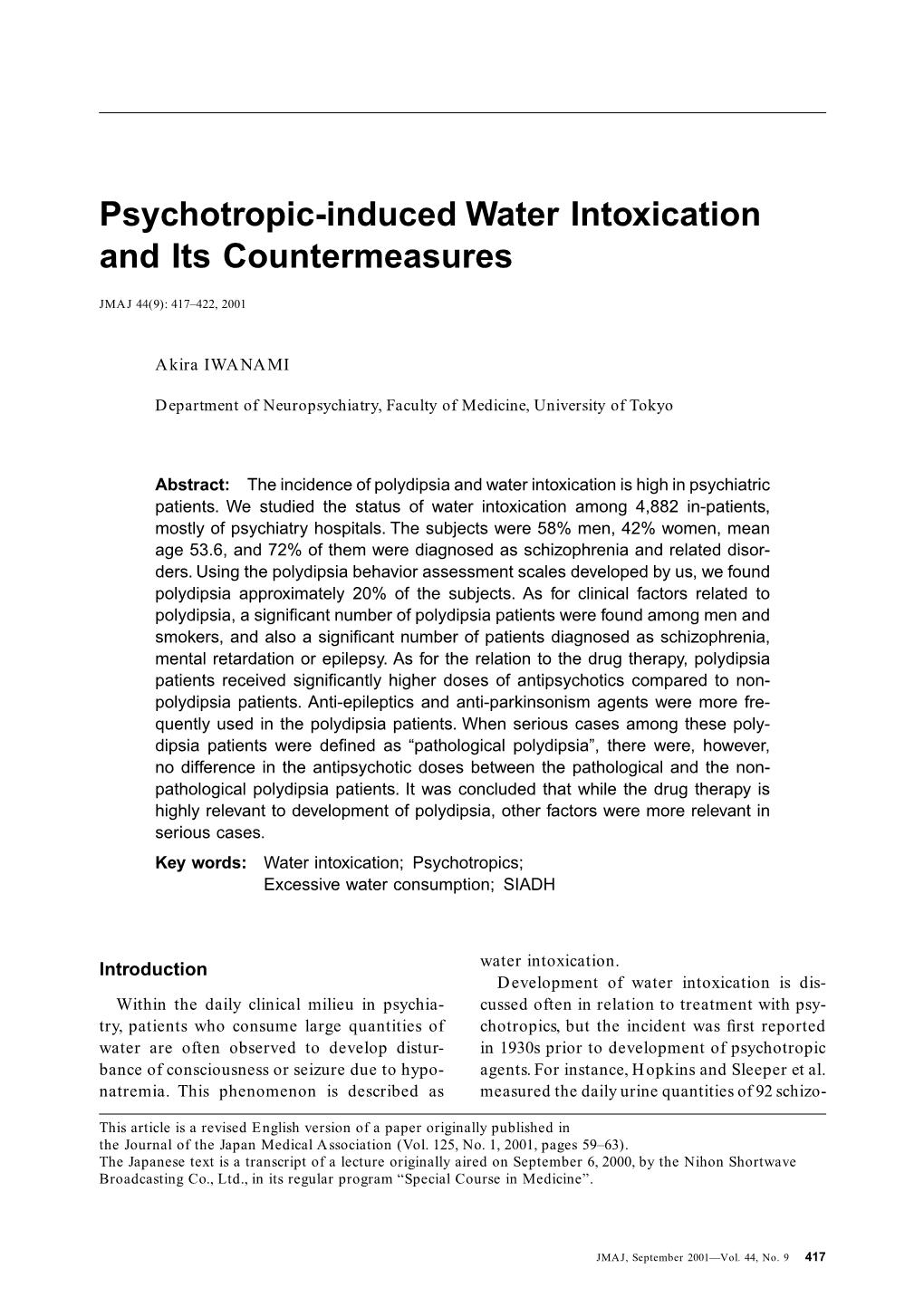 Psychotropic-Induced Water Intoxication and Its Countermeasures
