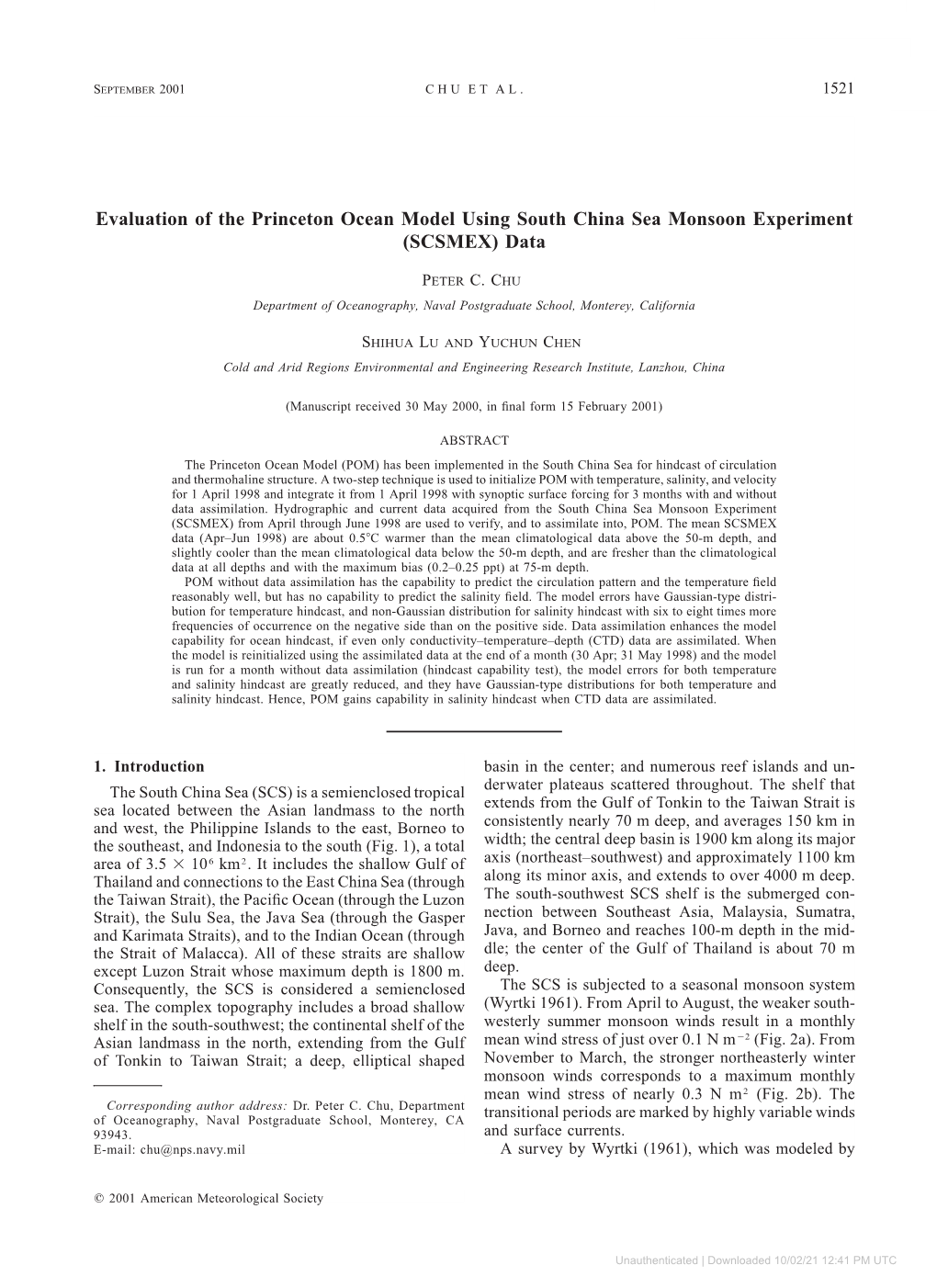 Evaluation of the Princeton Ocean Model Using South China Sea Monsoon Experiment (SCSMEX) Data