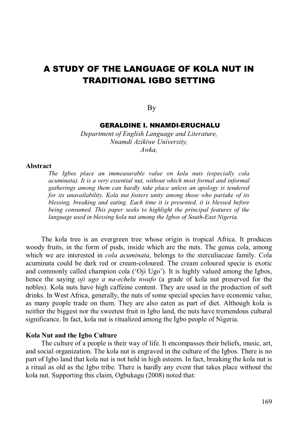 A Study of the Language of Kola Nut in Traditional Igbo Setting