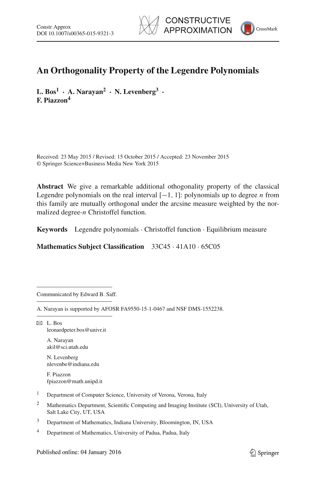 An Orthogonality Property of the Legendre Polynomials