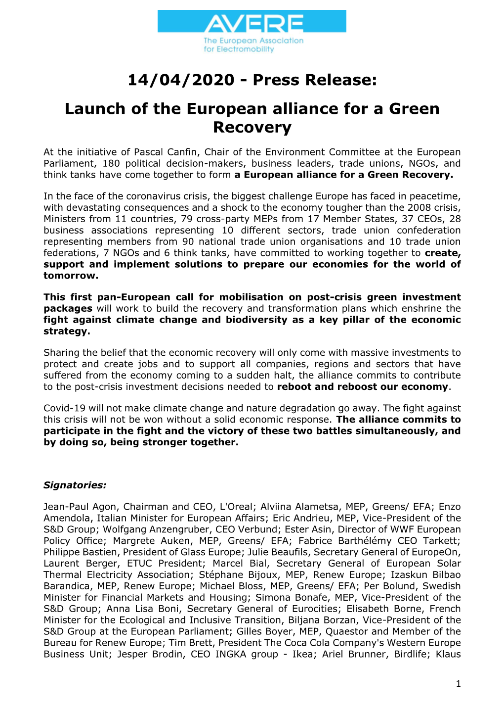 Launch of the European Alliance for a Green Recovery