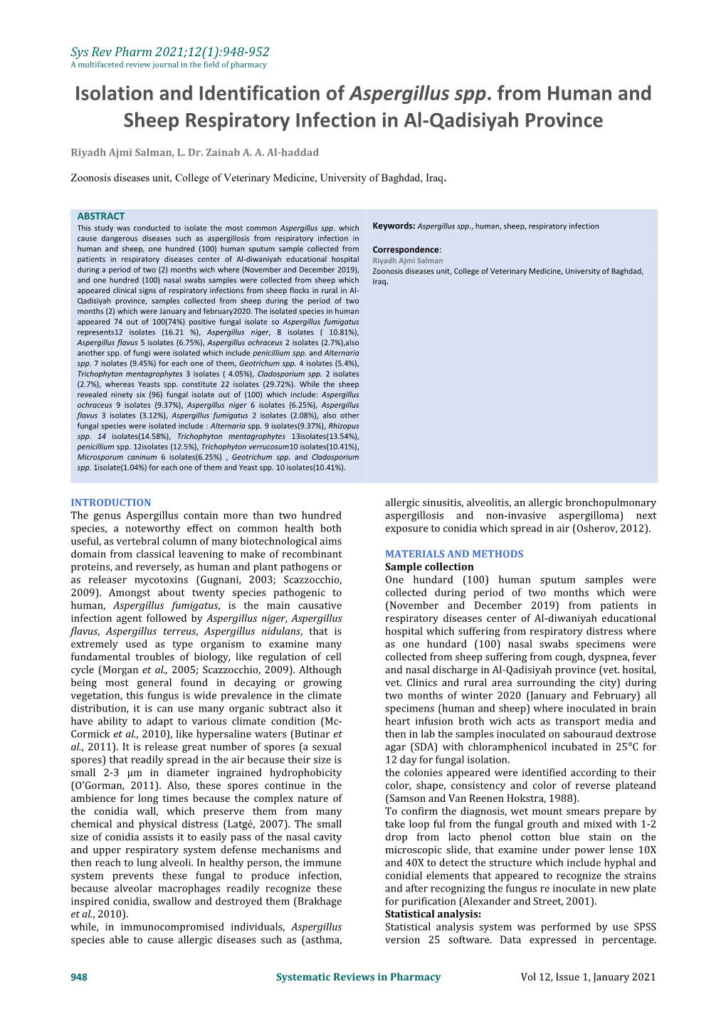 Isolation and Identification of Aspergillus Spp . from Human And