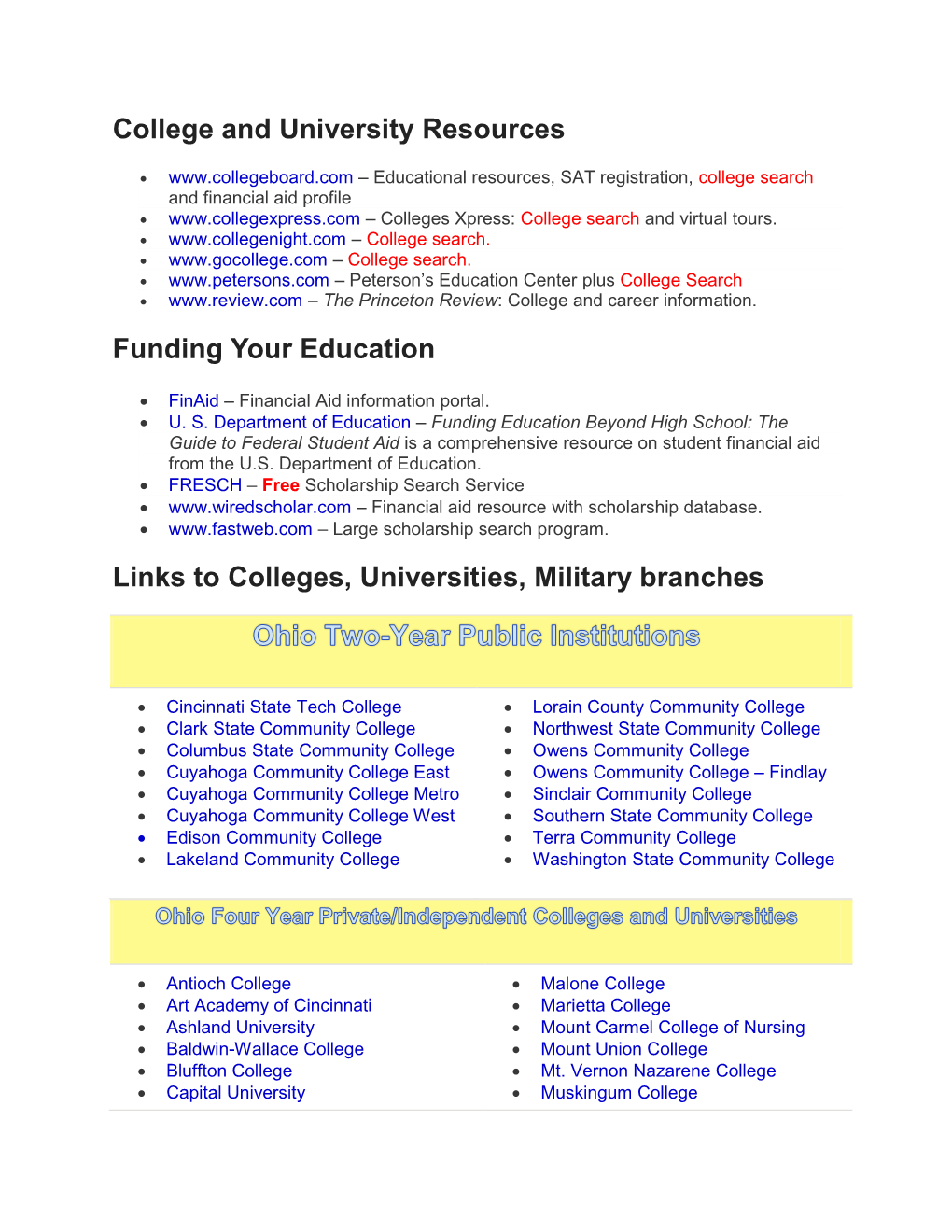 College and University Resources