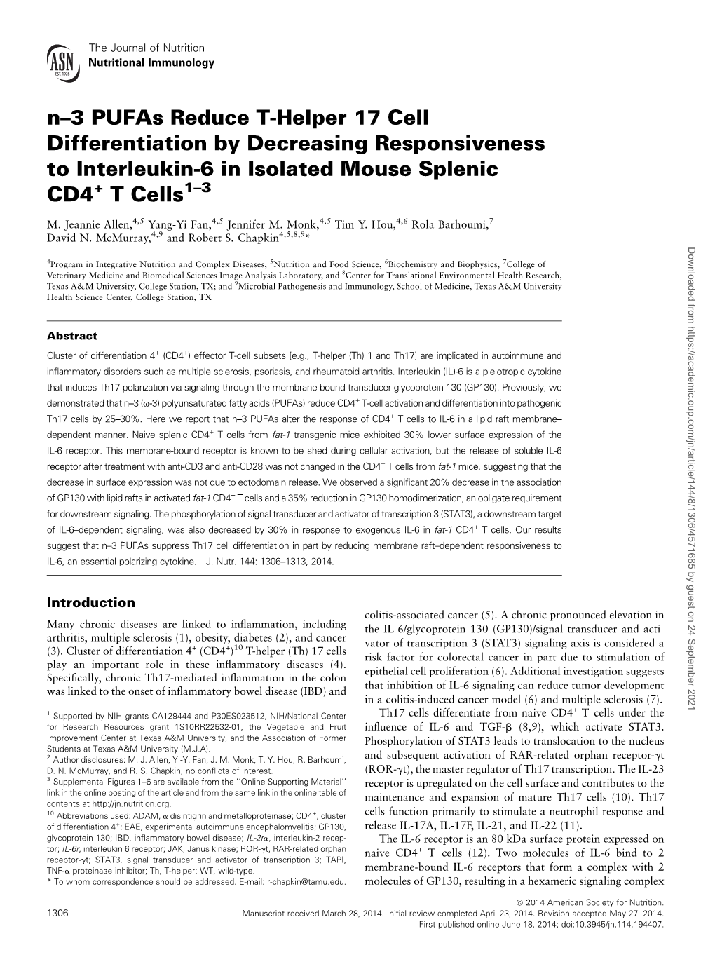 N–3 Pufas Reduce T-Helper 17 Cell Differentiation by Decreasing Responsiveness to Interleukin-6 in Isolated Mouse Splenic CD4+ T Cells1–3