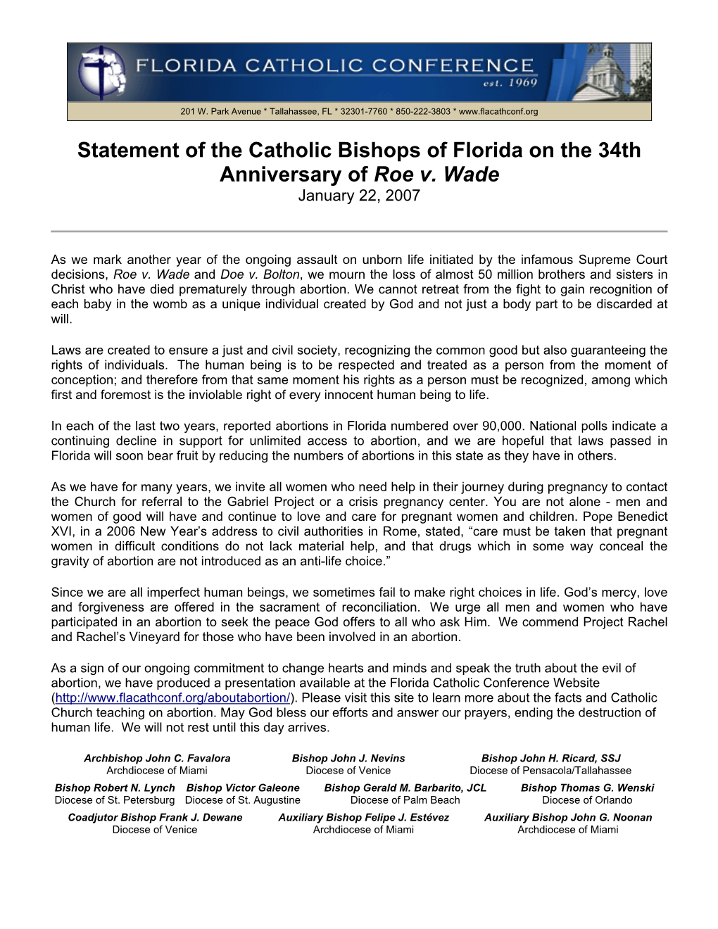 Statement of Florida Catholic Bishops on 34Th Anniv. of Roe V. Wade, Jan