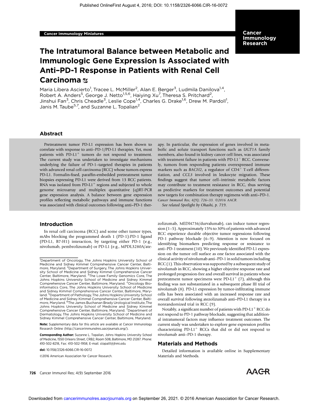 The Intratumoral Balance Between Metabolic and Immunologic Gene