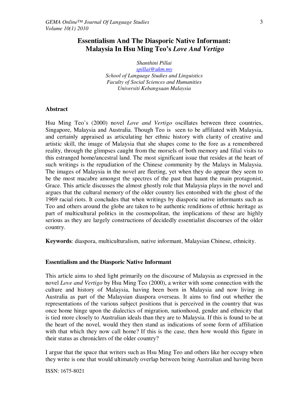 Essentialism and the Diasporic Native Informant: Malaysia in Hsu Ming Teo’S Love and Vertigo
