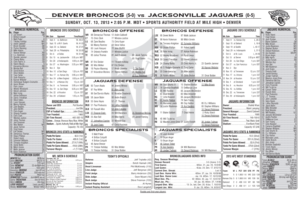 Vs. JACKSONVILLE JAGUARS (0-5) SUNDAY, OCT