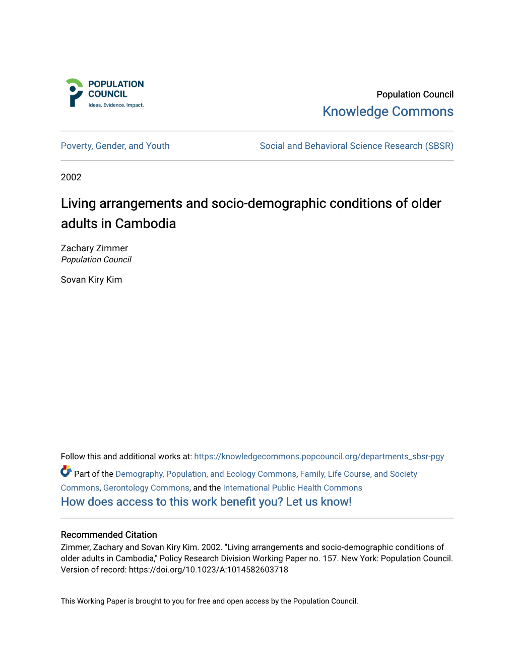 Living Arrangements and Socio-Demographic Conditions of Older Adults in Cambodia