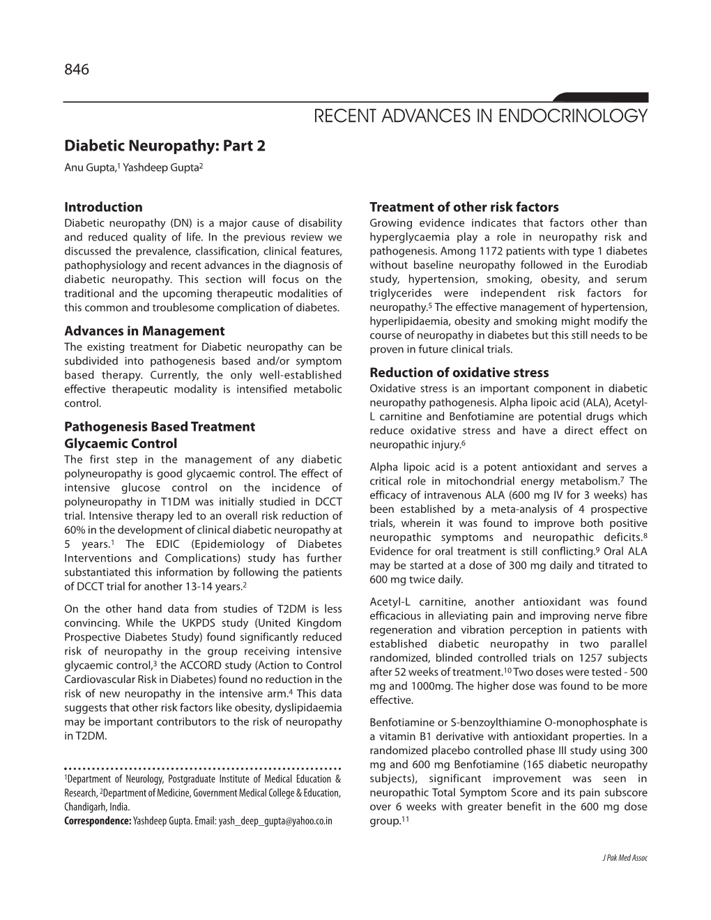 RECENT ADVANCES in ENDOCRINOLOGY Diabetic Neuropathy: Part 2 Anu Gupta,1 Yashdeep Gupta2