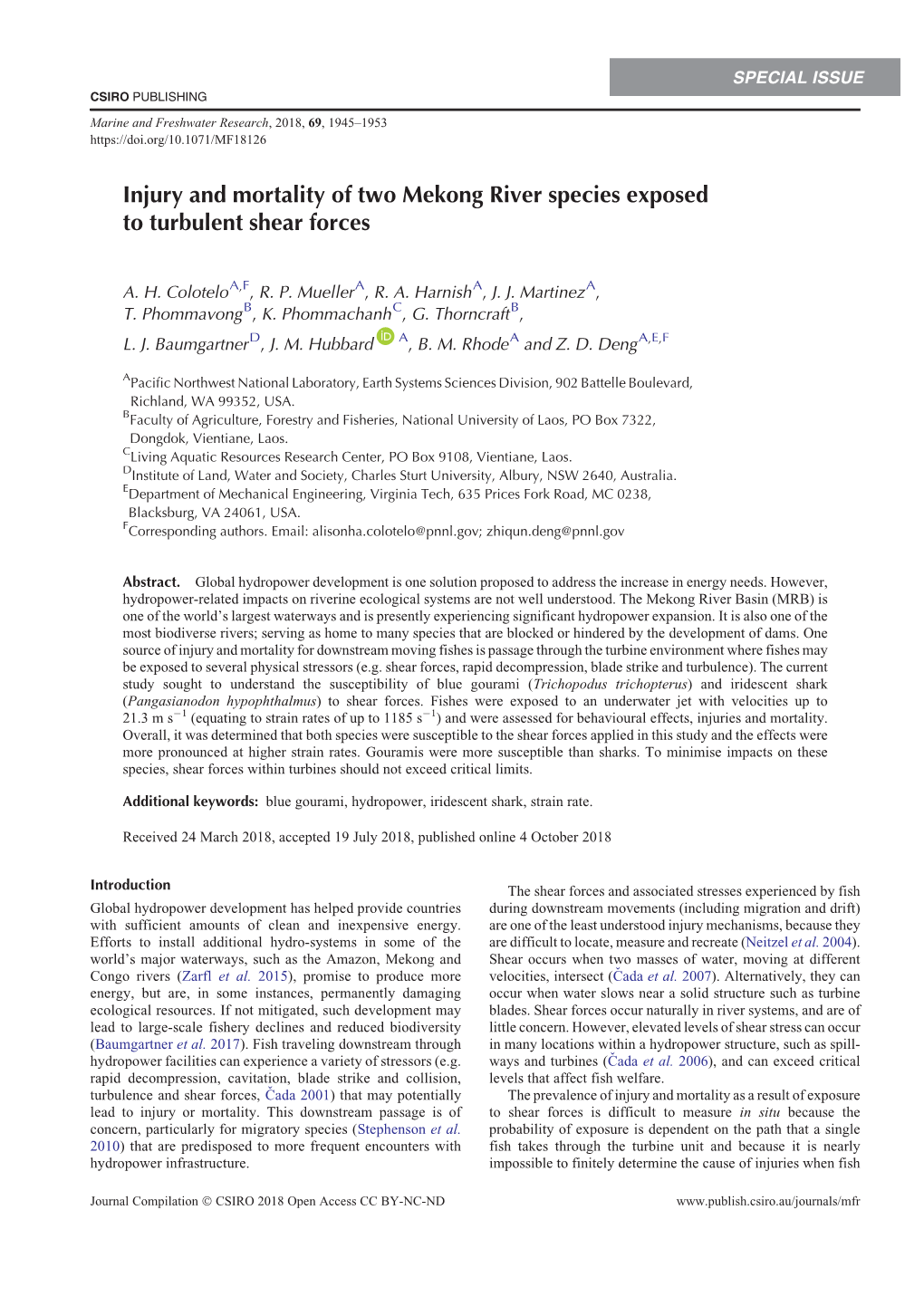 Injury and Mortality of Two Mekong River Species Exposed to Turbulent Shear Forces