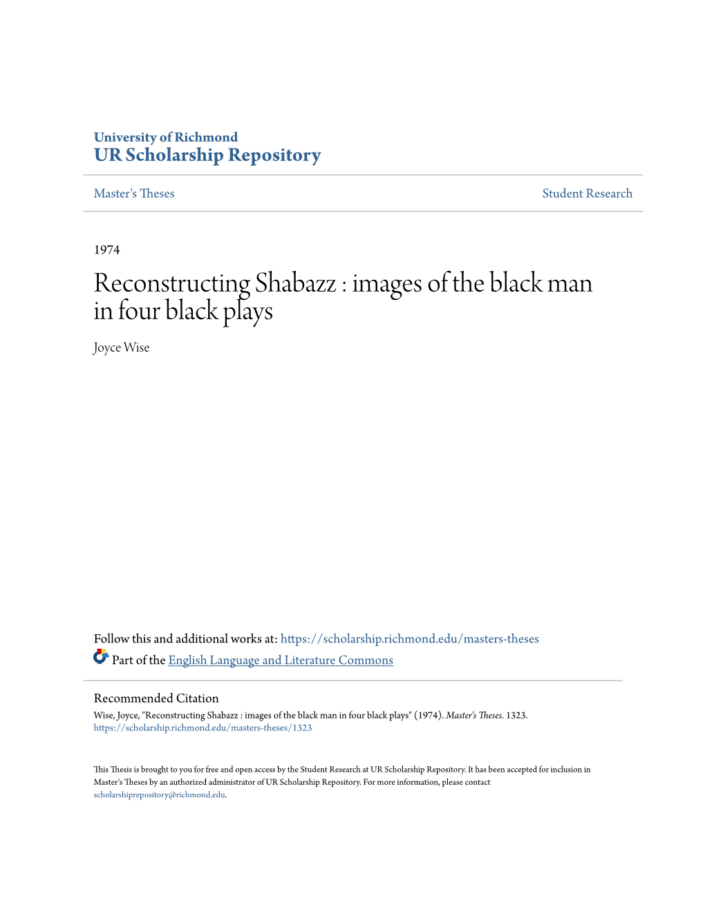 Reconstructing Shabazz : Images of the Black Man in Four Black Plays Joyce Wise