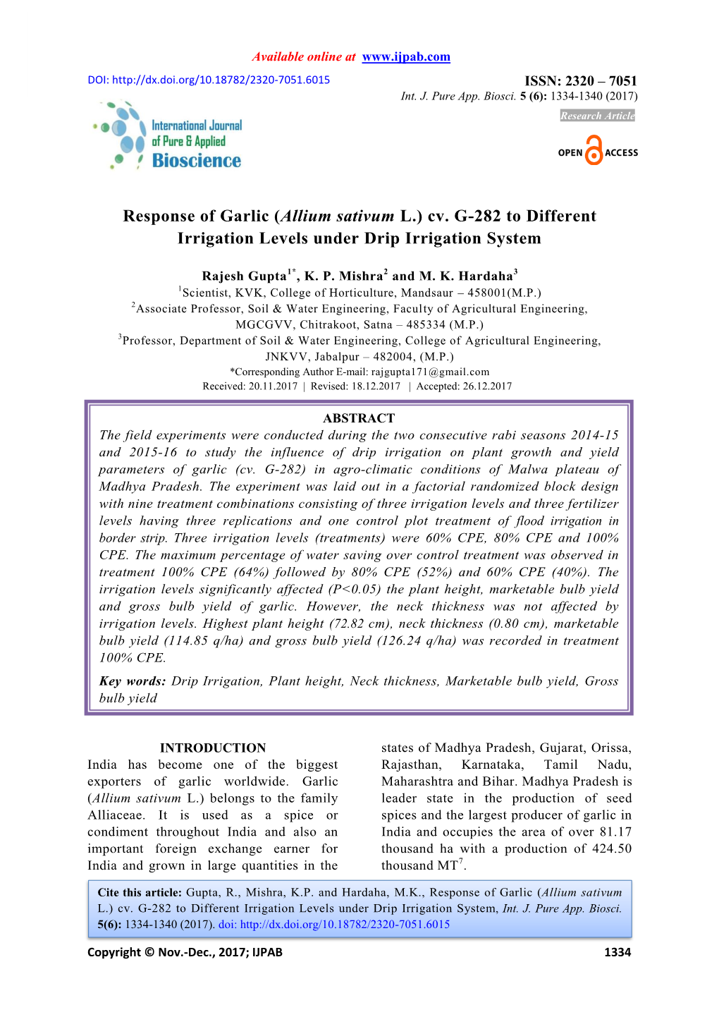 Response of Garlic (Allium Sativum L.) Cv. G-282 to Different Irrigation Levels Under Drip Irrigation System