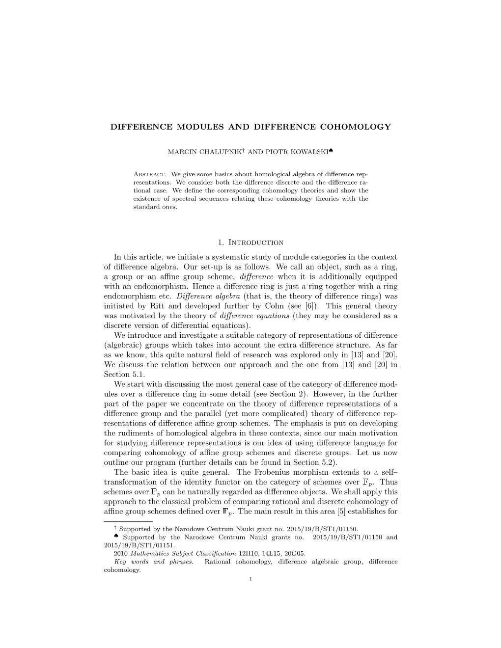 DIFFERENCE MODULES and DIFFERENCE COHOMOLOGY 1. Introduction in This Article, We Initiate a Systematic Study of Module Categorie