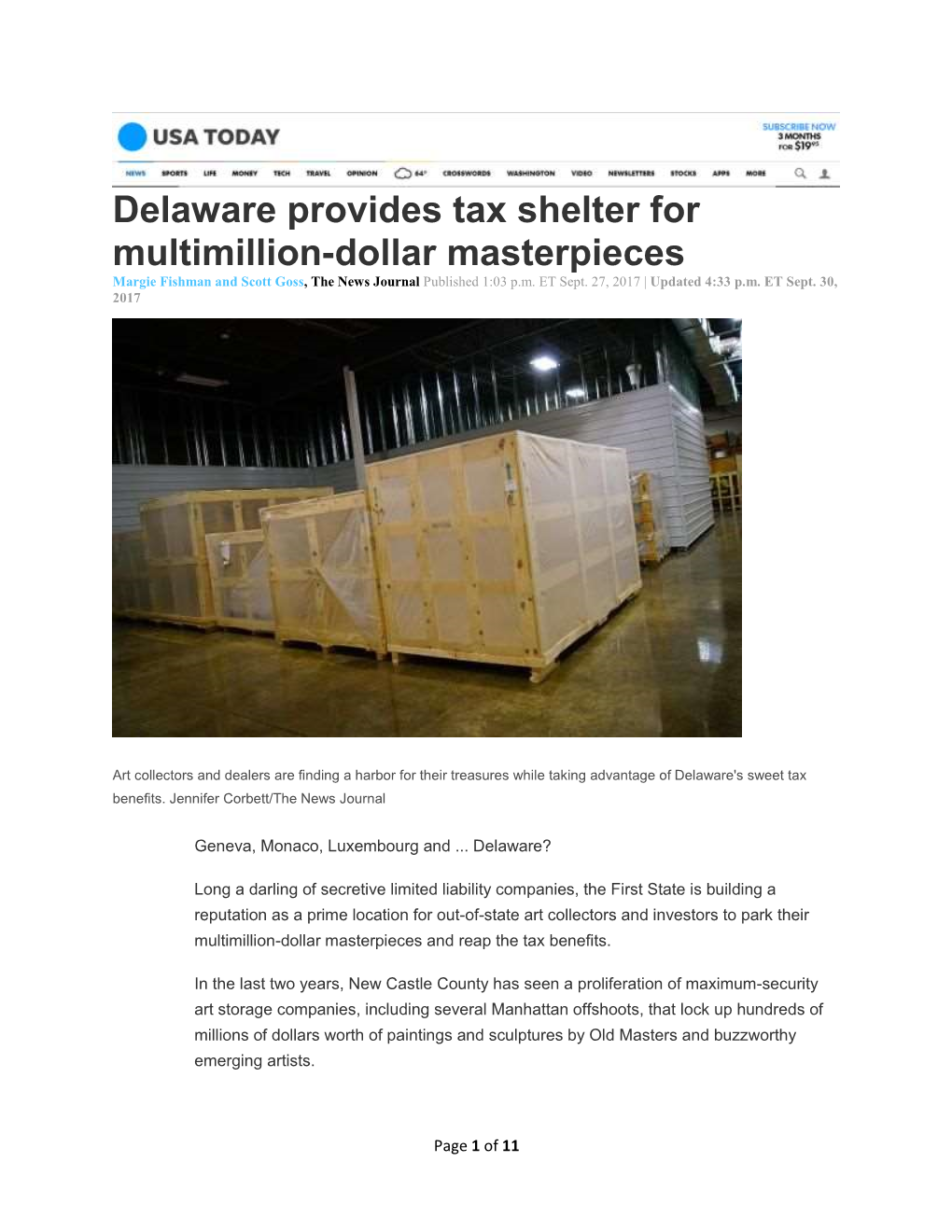 Delaware Provides Tax Shelter for Multimillion-Dollar Masterpieces Margie Fishman and Scott Goss, the News Journal Published 1:03 P.M