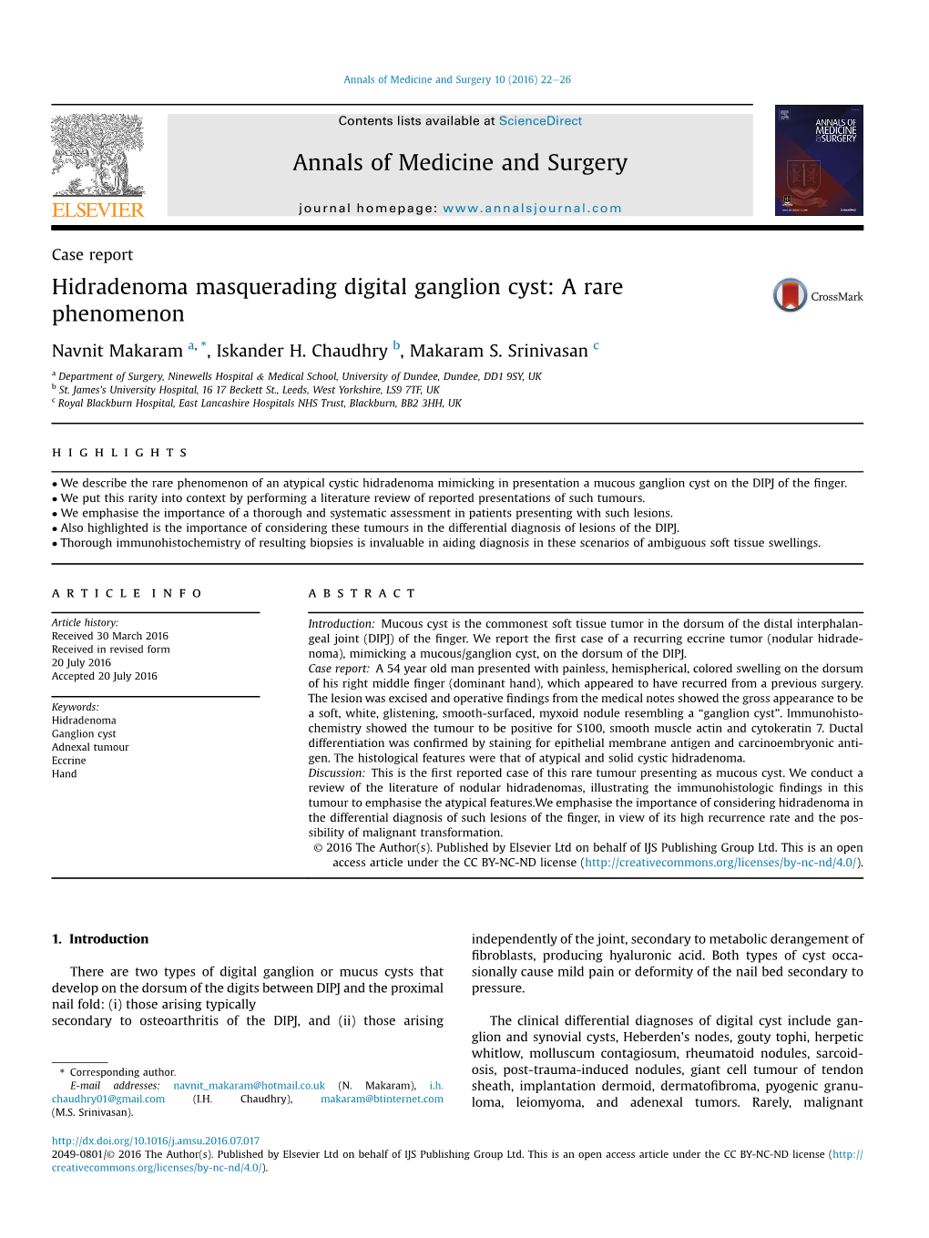 Hidradenoma Masquerading Digital Ganglion Cyst: a Rare Phenomenon