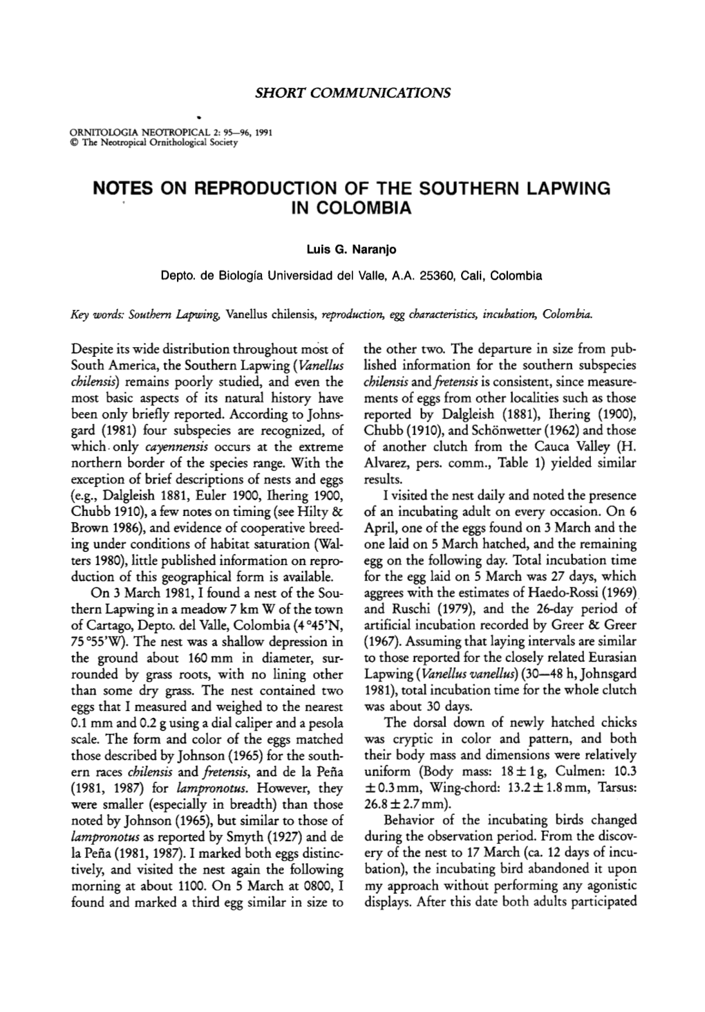 Notes on Reproduction of the Southern Lapwing , in Colombia