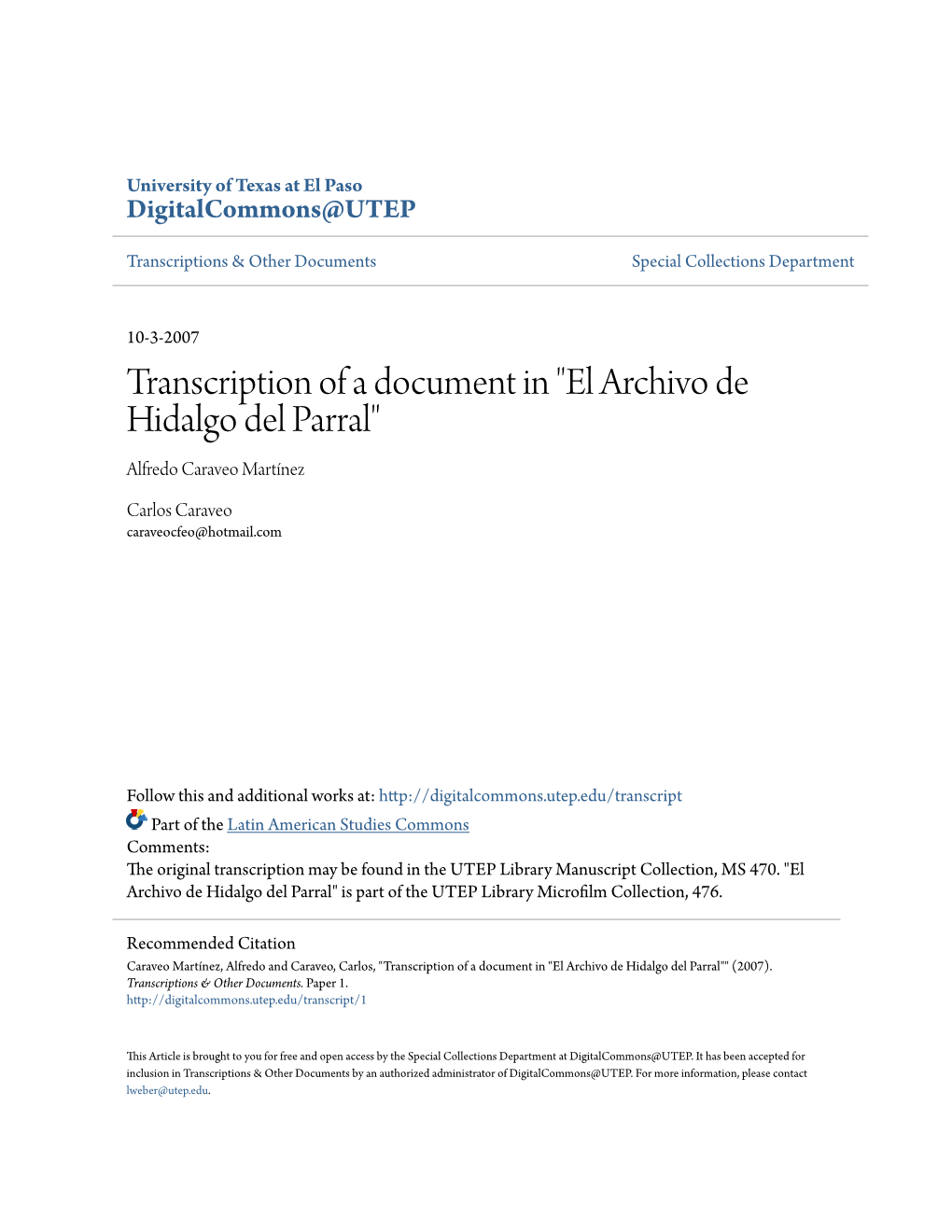 Transcription of a Document in "El Archivo De Hidalgo Del Parral" Alfredo Caraveo Martínez
