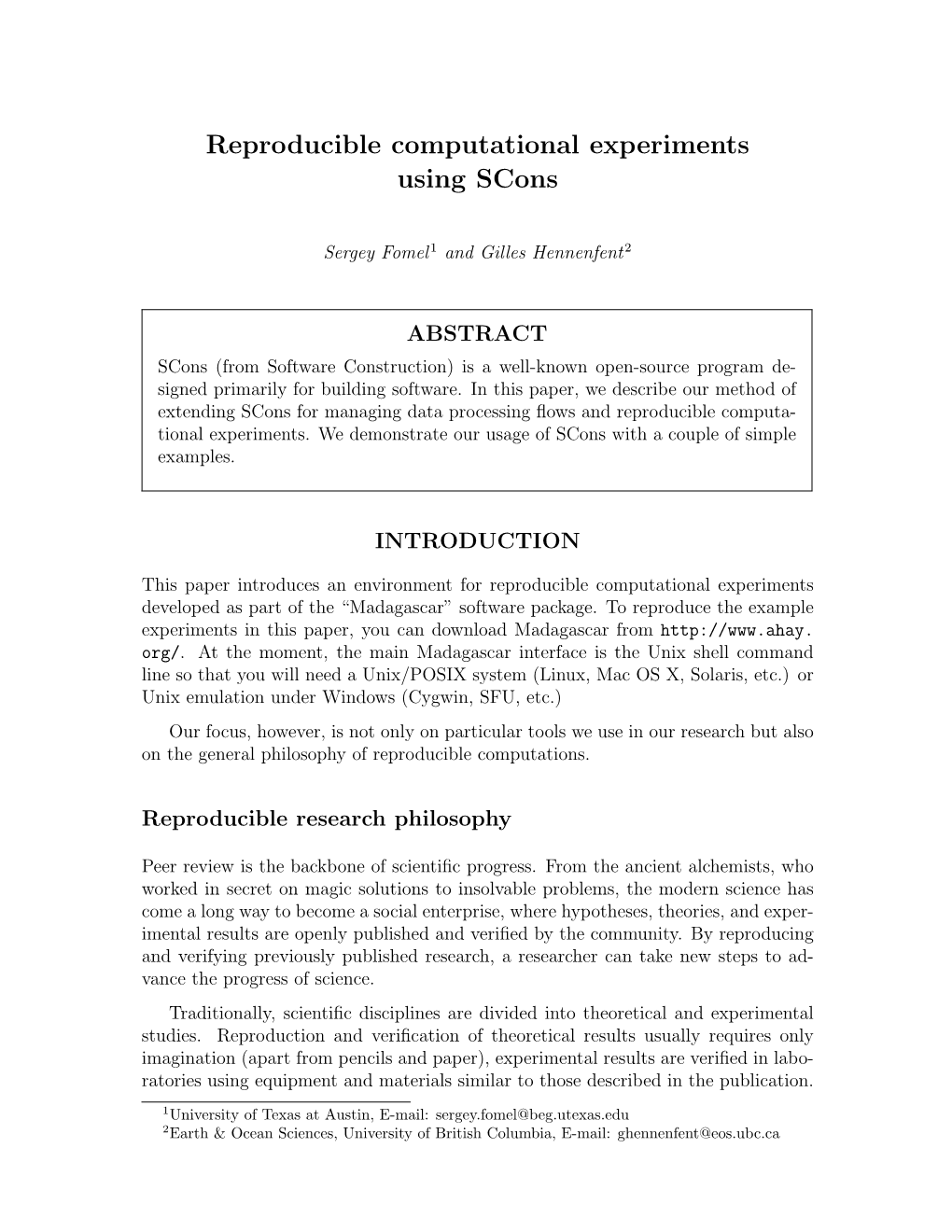 Reproducible Computational Experiments Using Scons