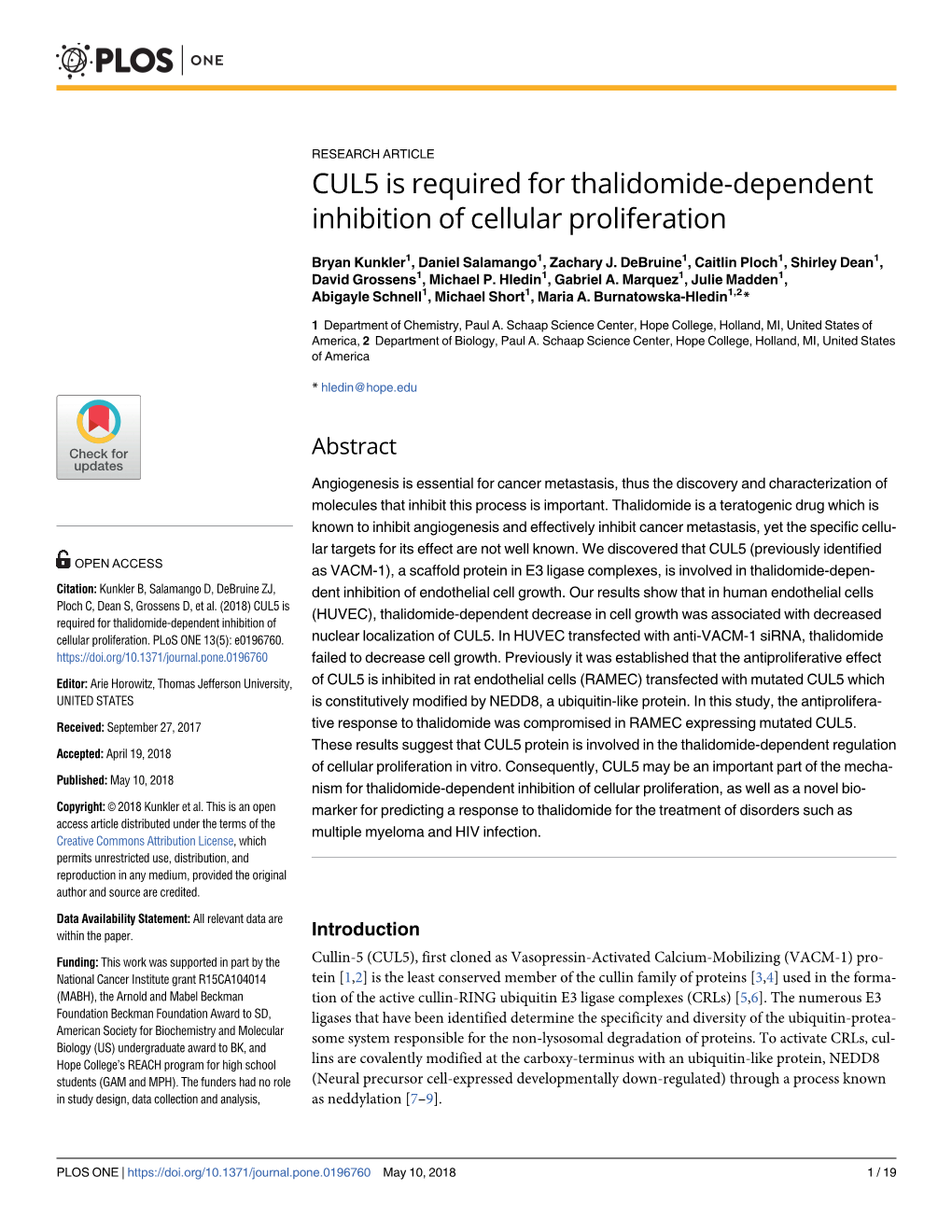 CUL5 Is Required for Thalidomide-Dependent Inhibition of Cellular Proliferation