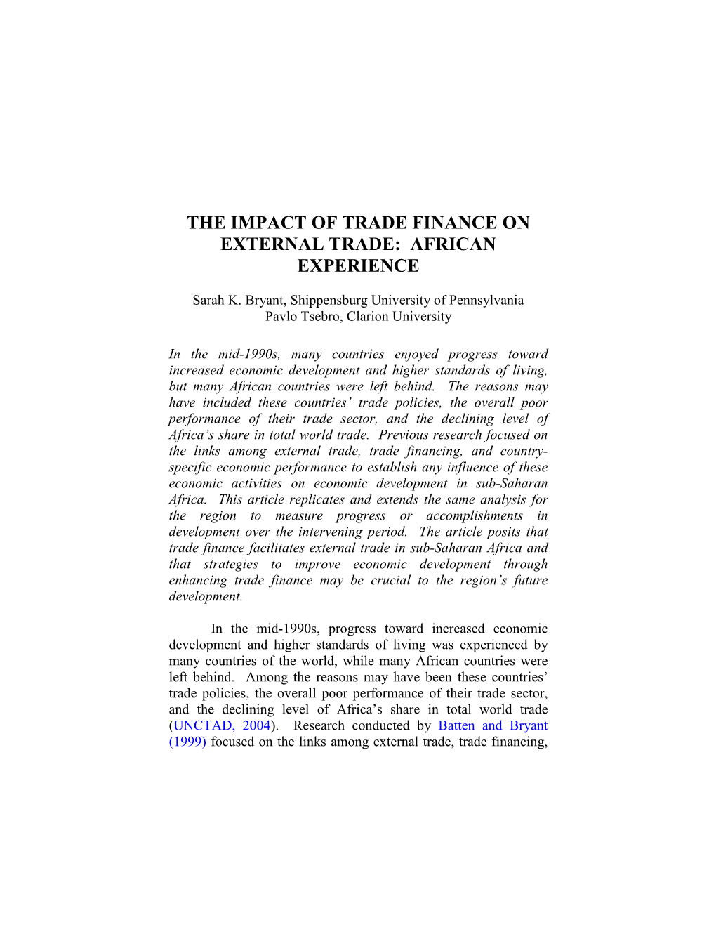 Trade Finance and External Trade in Selected Sub-Saharan African