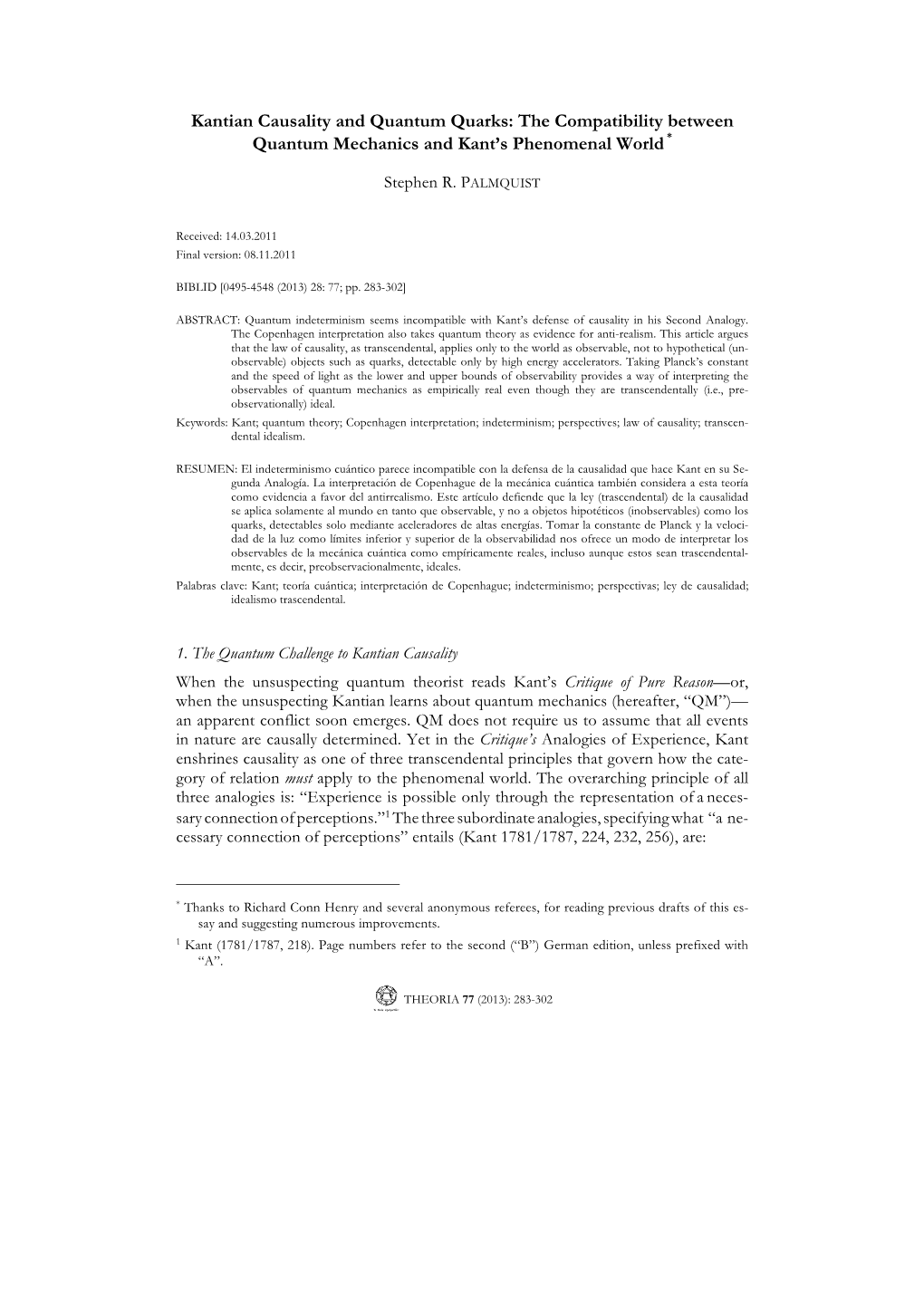 Kantian Causality and Quantum Quarks: the Compatibility Between Quantum Mechanics and Kant's Phenomenal World*