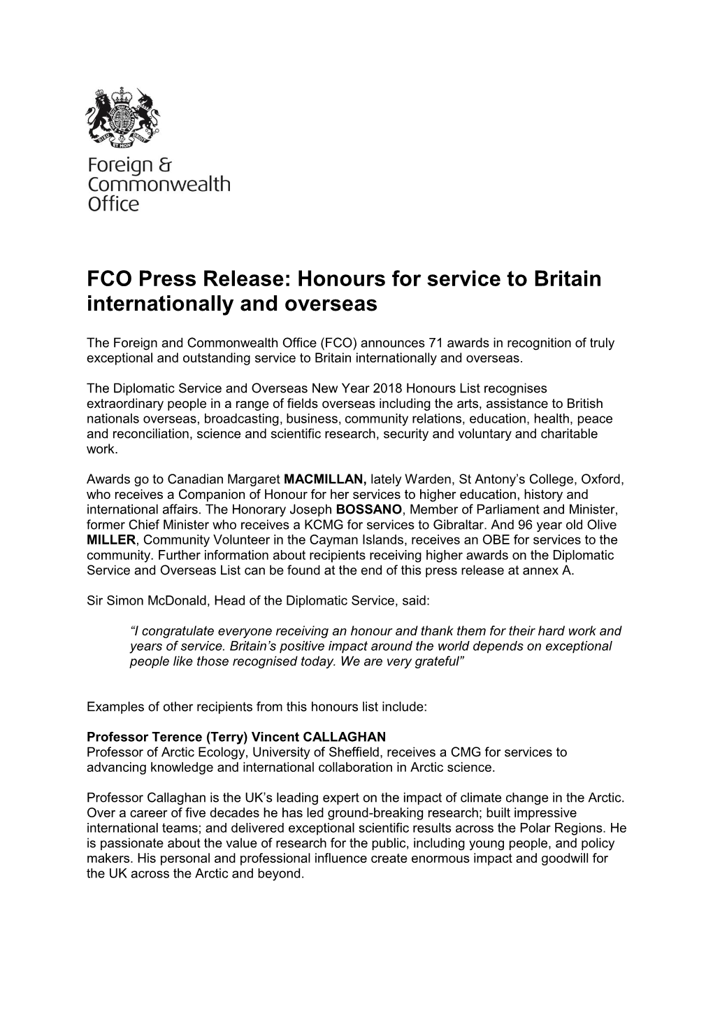 FCO Press Release: Honours for Service to Britain Internationally and Overseas