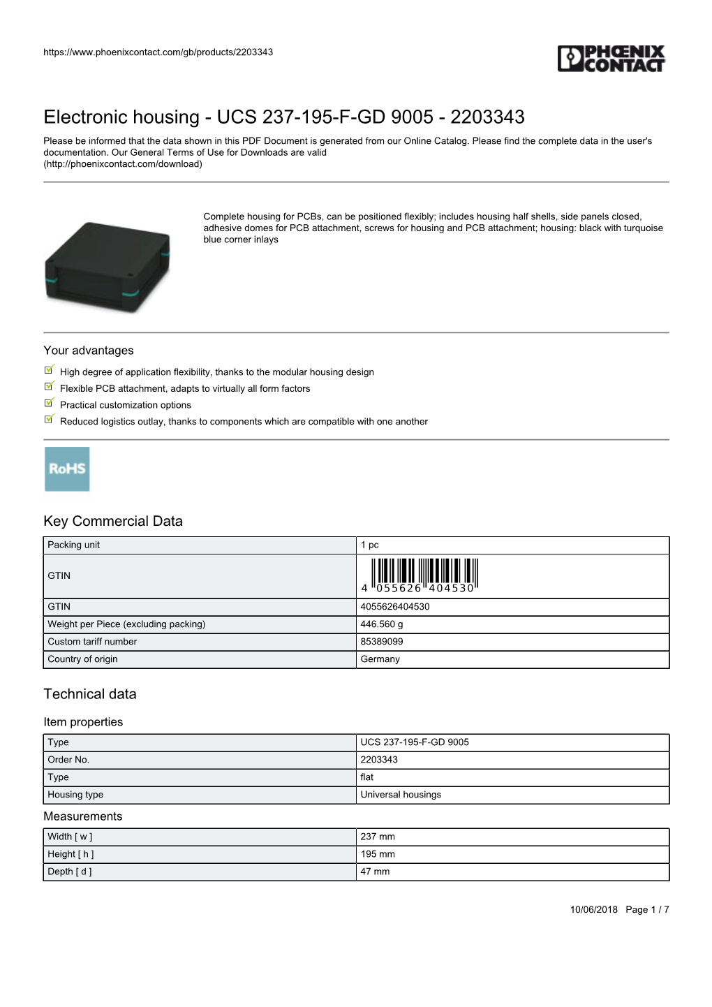 Electronic Housing - UCS 237-195-F-GD 9005 - 2203343 Please Be Informed That the Data Shown in This PDF Document Is Generated from Our Online Catalog