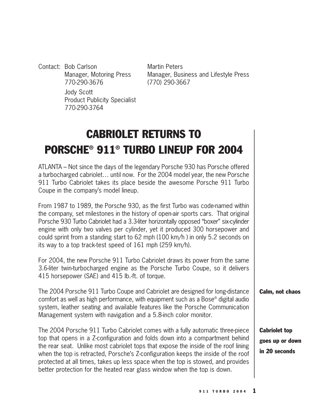 Cabriolet Returns to Porsche® 911® Turbo Lineup for 2004