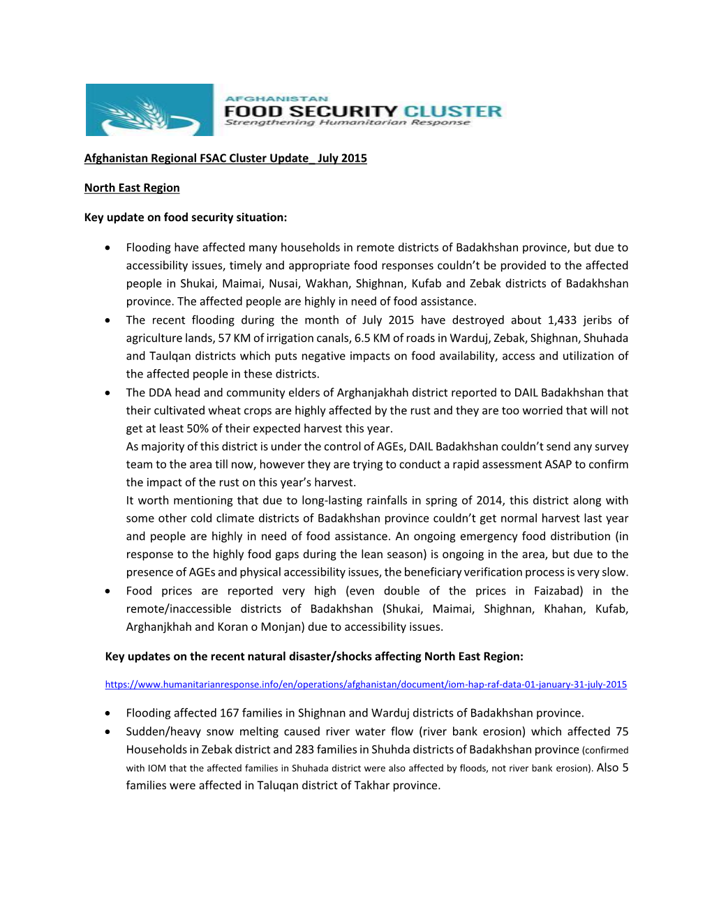 Afghanistan Regional FSAC Cluster Update July 2015 North East