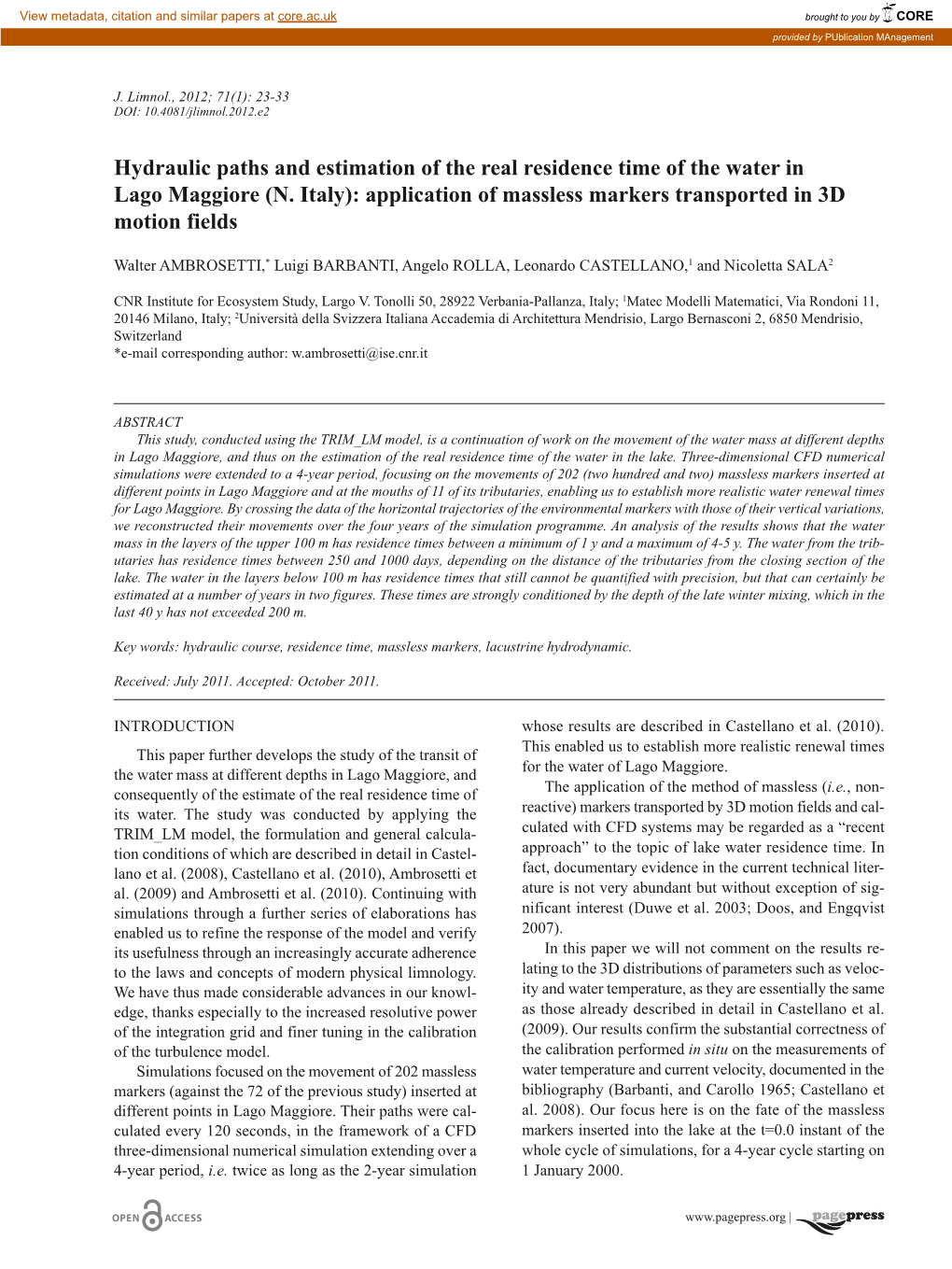 Hydraulic Paths and Estimation of the Real Residence Time of the Water in Lago Maggiore (N