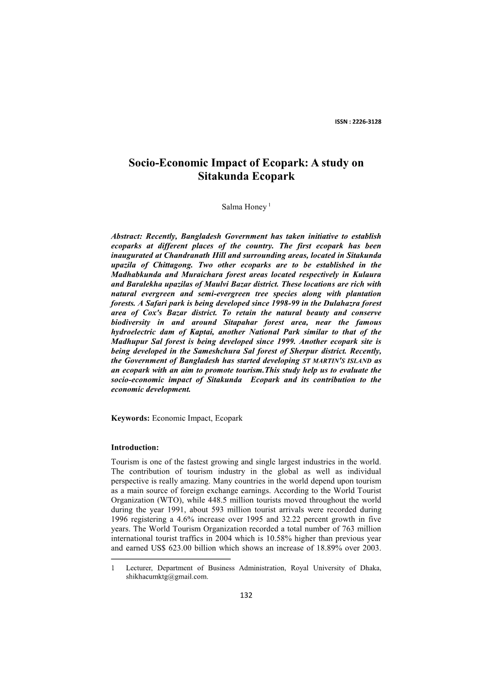 Socio-Economic Impact of Ecopark: a Study on Sitakunda Ecopark ISSN : 2226-3128