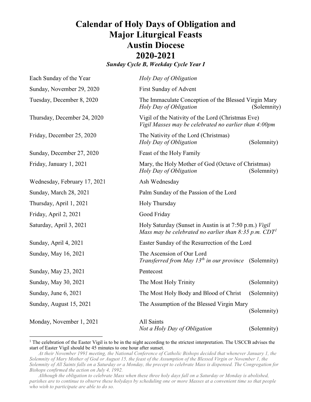 Calendar of Holy Days of Obligation and Major Liturgical Feasts Austin Diocese 2020-2021 Sunday Cycle B, Weekday Cycle Year I