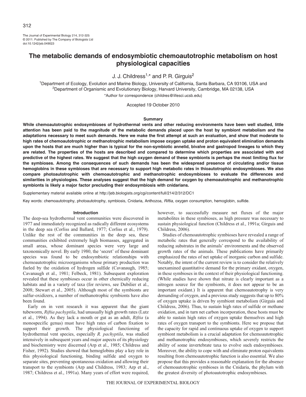 The Metabolic Demands of Endosymbiotic Chemoautotrophic Metabolism on Host Physiological Capacities