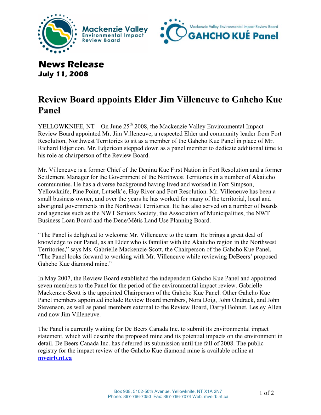 News Release Review Board Appoints Elder Jim Villeneuve To