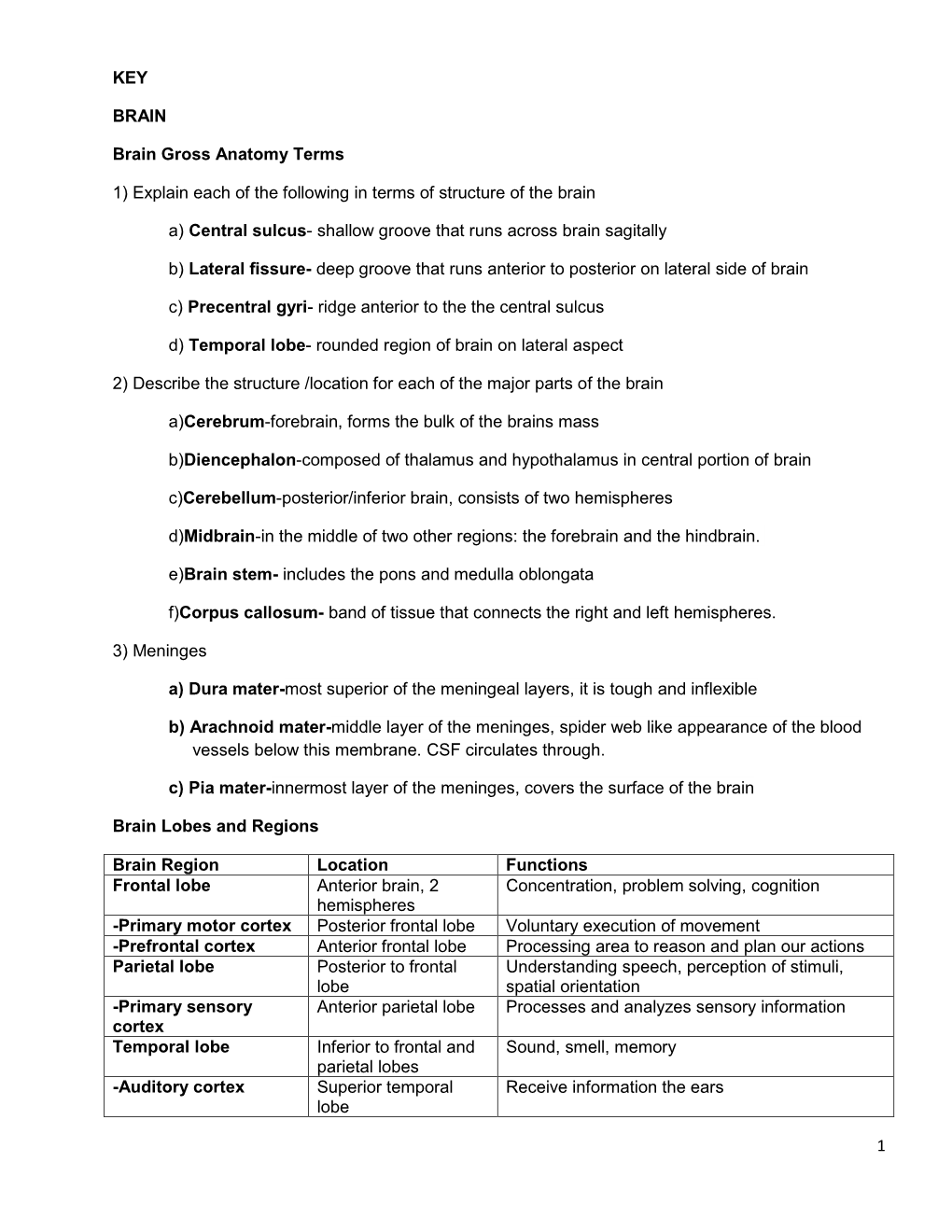 1 KEY BRAIN Brain Gross Anatomy Terms 1) Explain Each of The