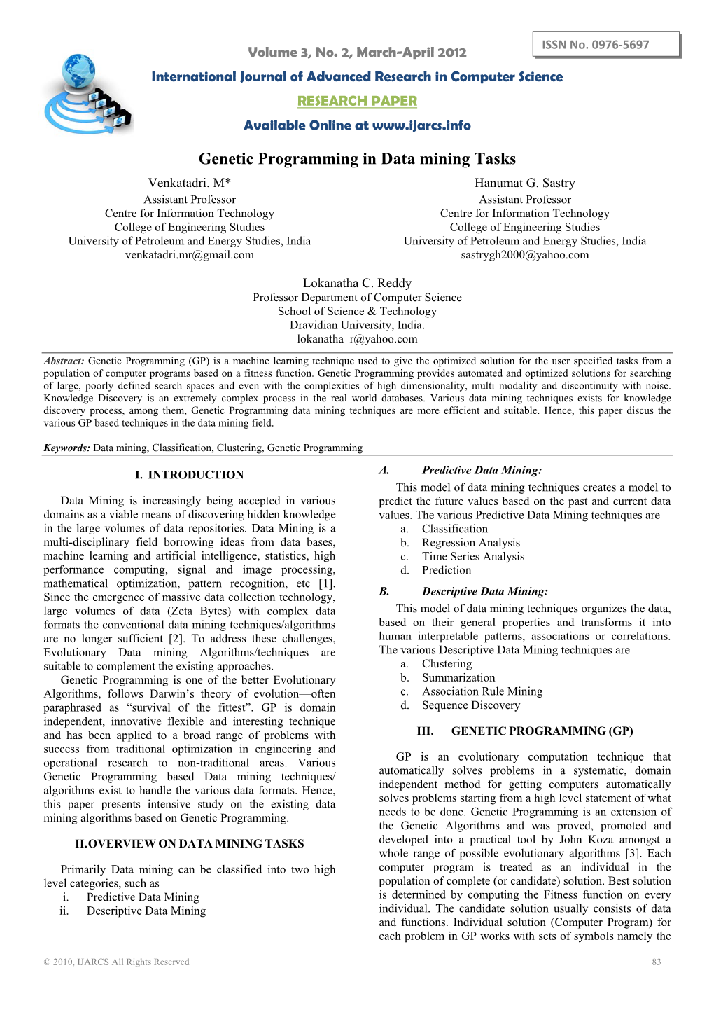 Genetic Programming in Data Mining Tasks Venkatadri