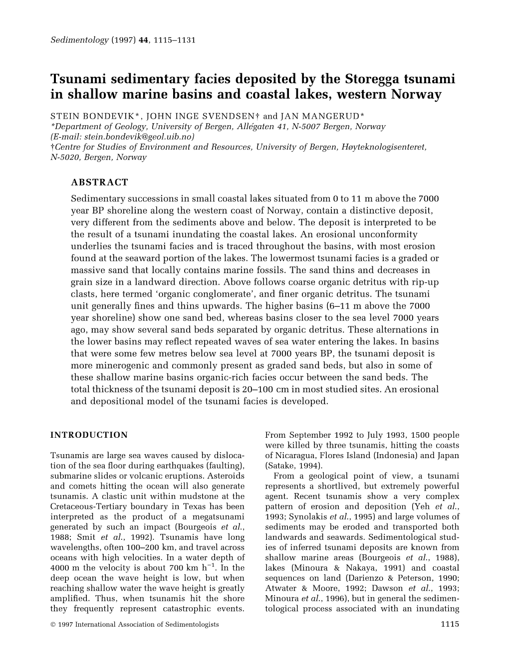 Tsunami Sedimentary Facies Deposited by the Storegga Tsunami in Shallow Marine Basins and Coastal Lakes, Western Norway