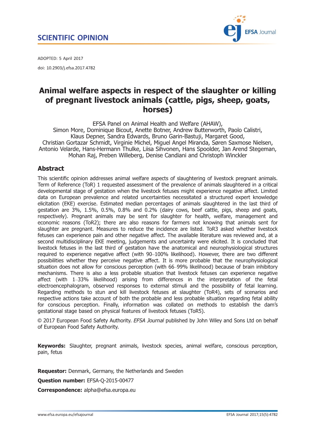 Animal Welfare Aspects in Respect of the Slaughter Or Killing of Pregnant Livestock Animals (Cattle, Pigs, Sheep, Goats, Horses)