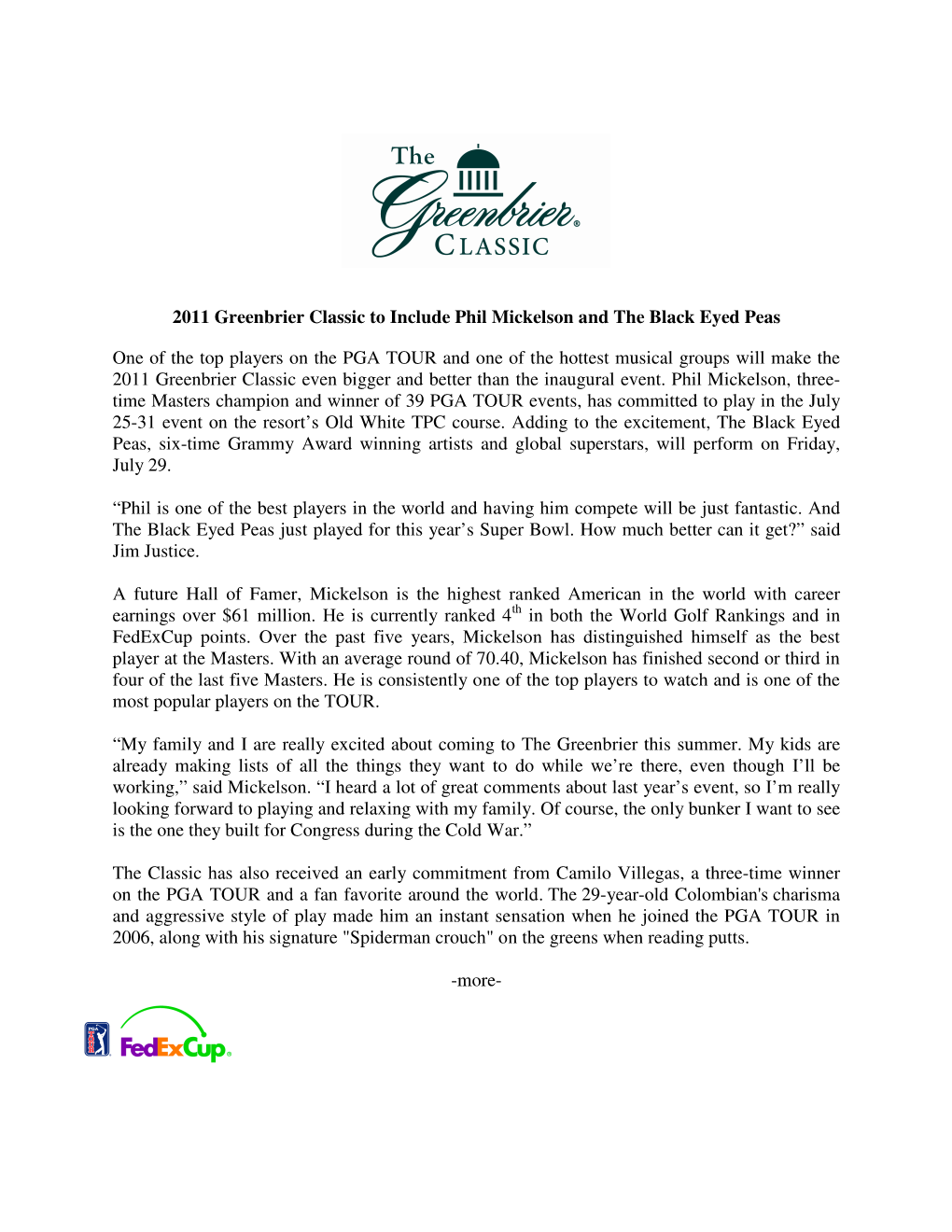 2011 Greenbrier Classic to Include Phil Mickelson and the Black Eyed Peas