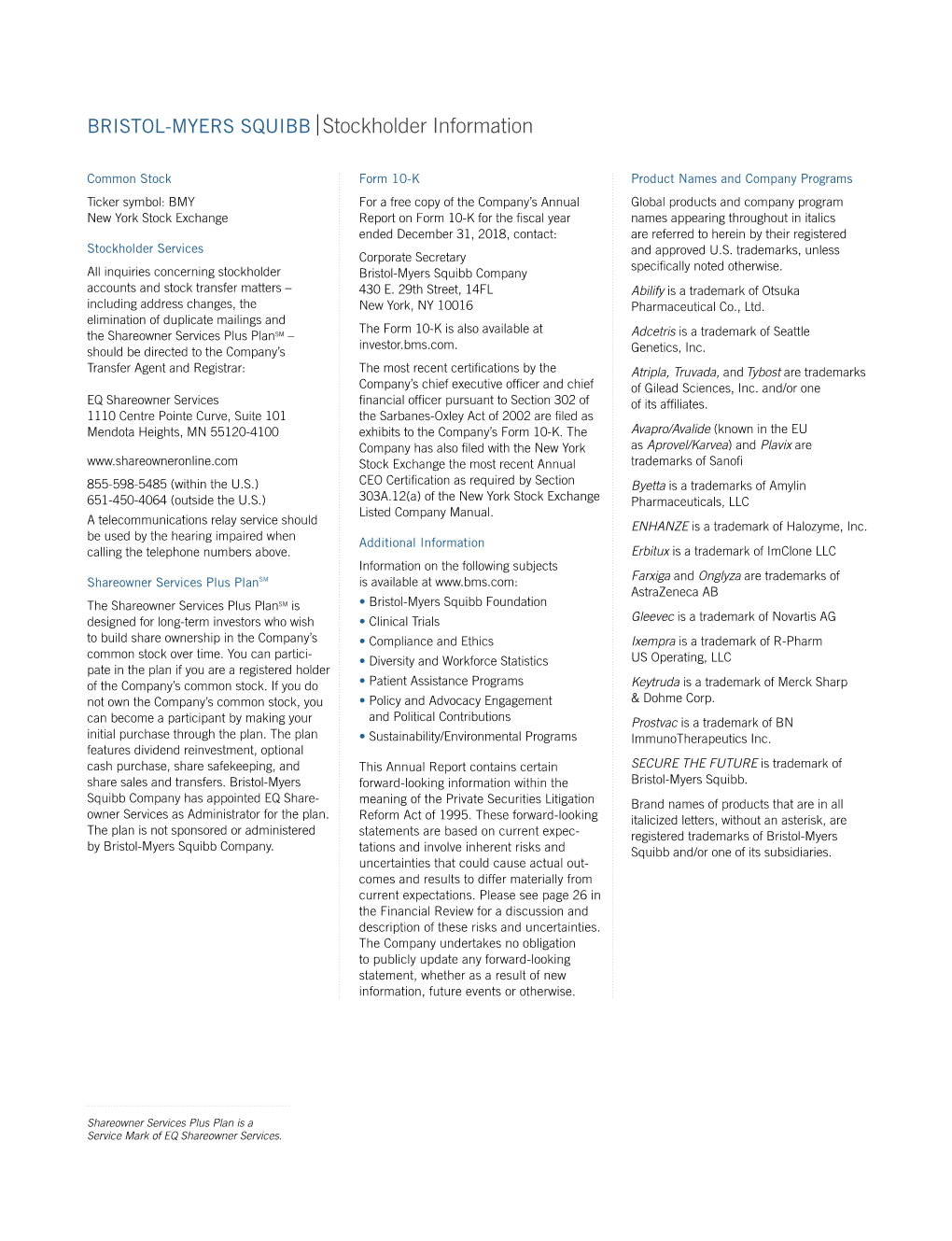 BRISTOL-MYERS SQUIBB Stockholder Information